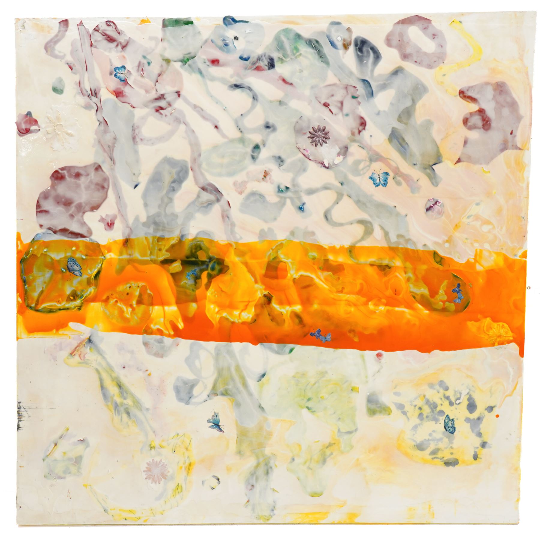 Gillian Ross Kelsey (British 1935-2025): 'Orange Stream', mixed media on board unsigned 117cm x 117cm (unframed)