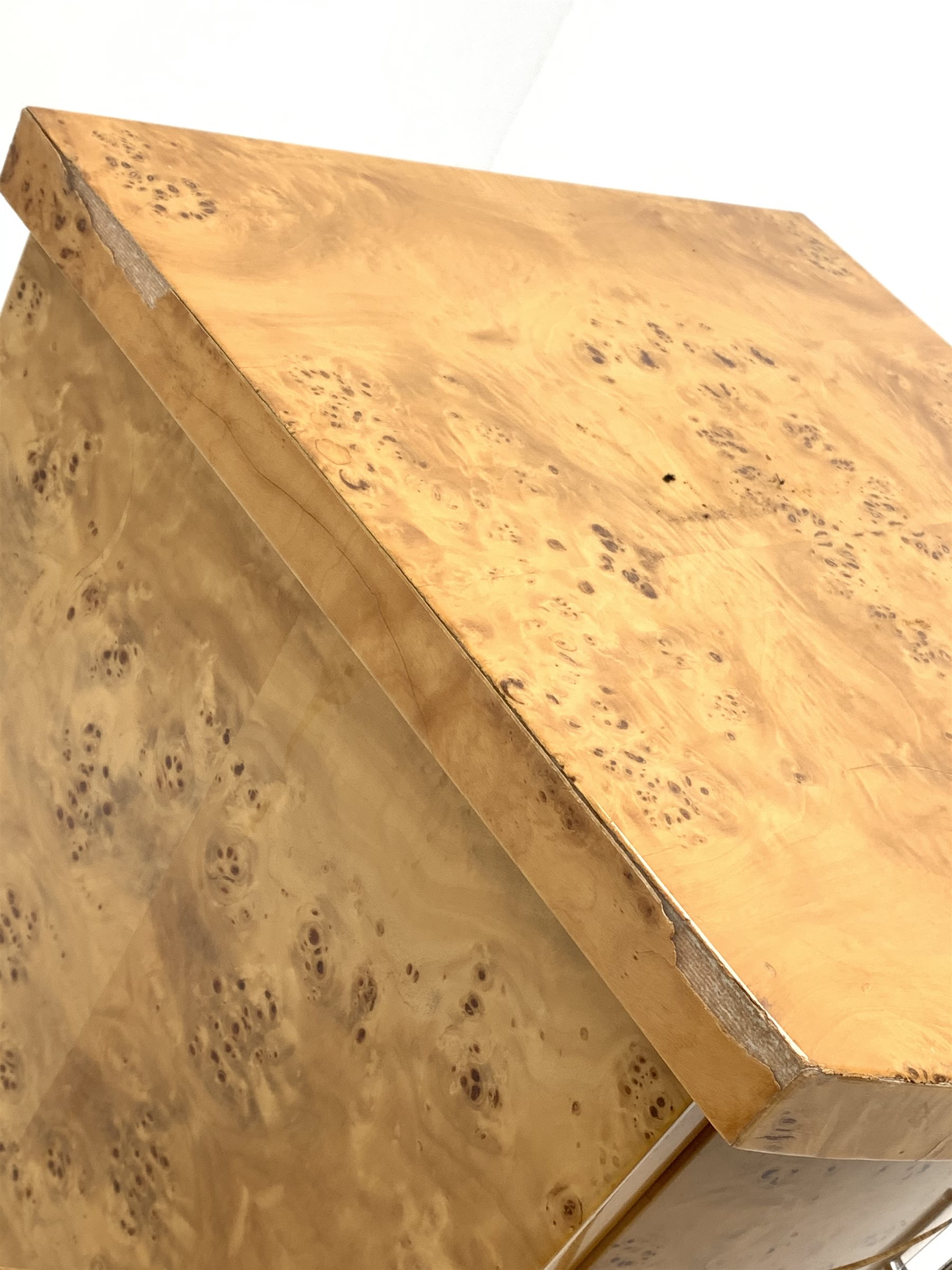 Pair Art Deco style figured maple bow front bedside cabinets, two drawers fitted with polished metal handles, W50cm, H54cm, D49cm