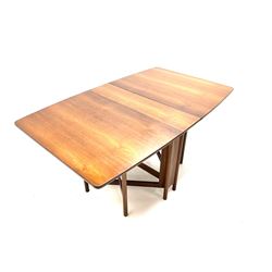 Mid 20th century narrow teak drop leaf table, slide out ‘X’ framed turned supports 