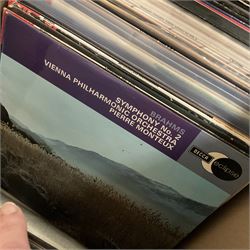 Collection of vinyl LP records in four boxes, mainly Jazz and Classical including Piano Rags by Scott Joplin, Sarah Vaughn, Duke Ellington and His Orchestra and Louis Armstrong, etc