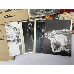 Two albums of cigarette cards, including Carreras Alice in Wonderland examples, together with vintage greetings cards, postcards, theatre stills, etc