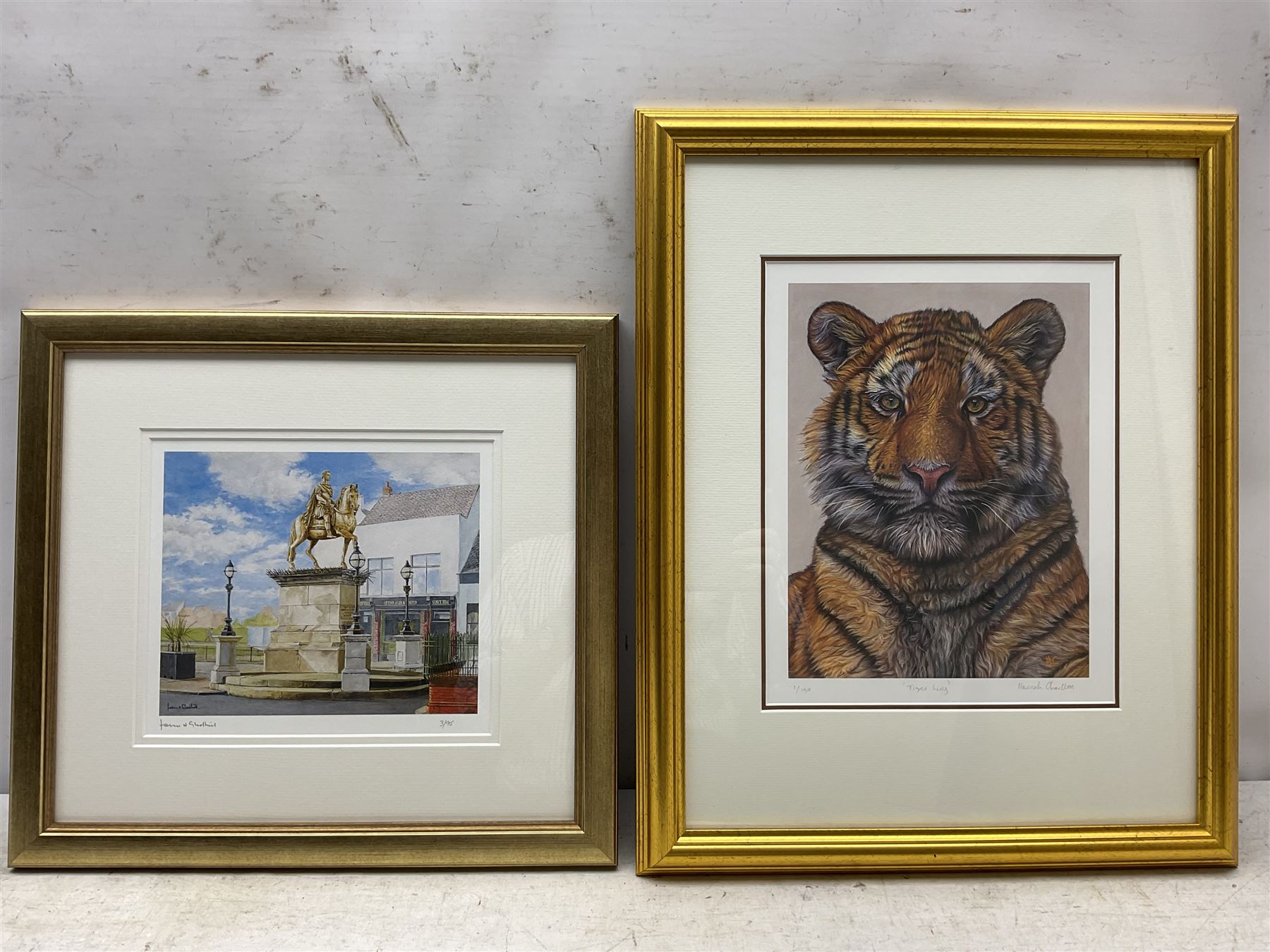 John Gledhill (British Contemporary): 'King Billy' - King William III Statue Hull, limited edition print signed and numbered 3/95 in pencil 20cm x 23cm; Hannah Charlton (British Contemporary): 'Tiger King', limited edition print signed titled and numbered 1/150 in pencil 23cm x 30cm (2)
