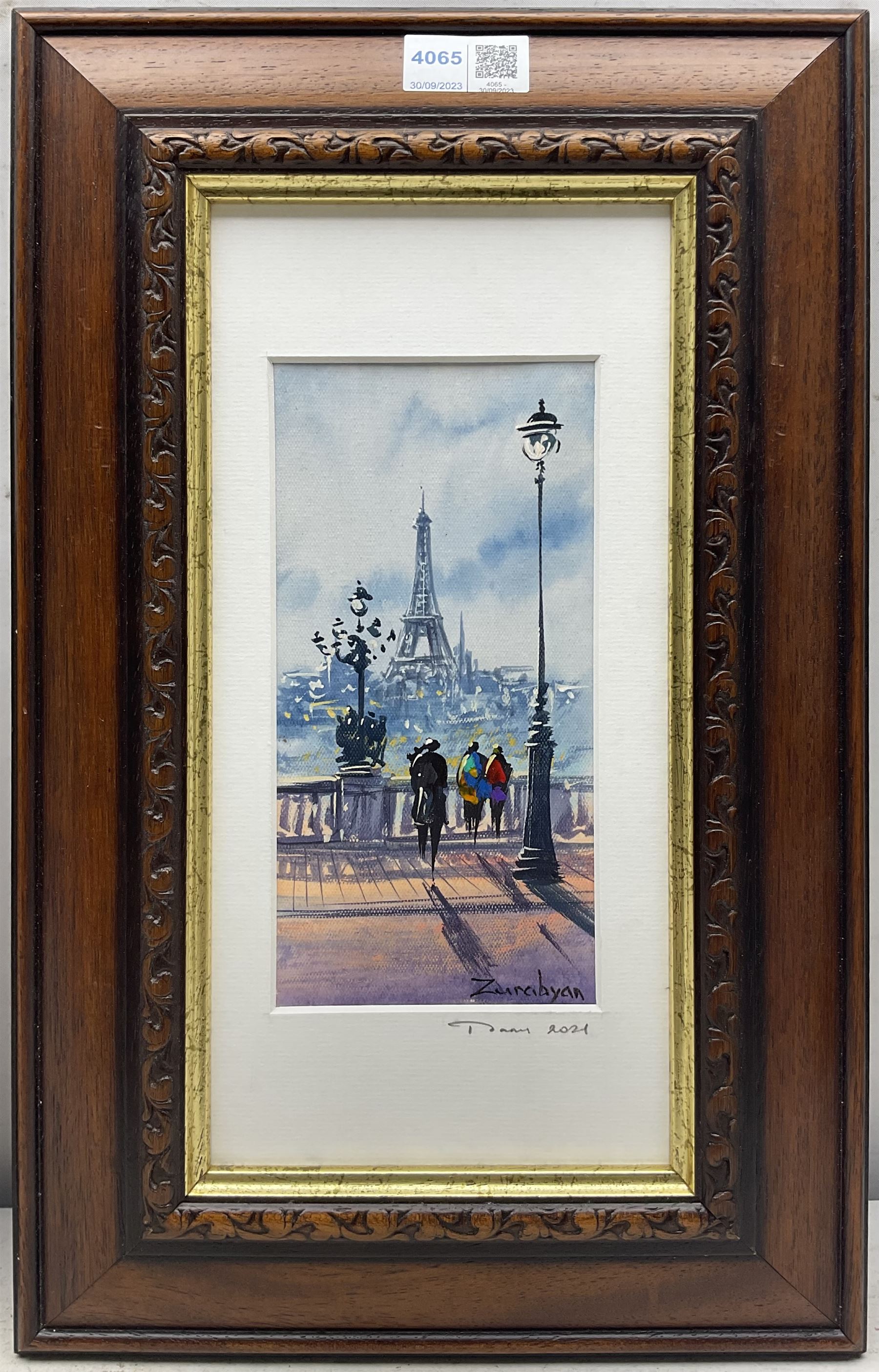 Arthur Zurabyan (20th century): 'Paris' with the Eiffel Tower in the distance,  pair oils on canvas signed, titled and dated 2021 on the mount 20cm x 10cm (2)