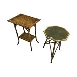 19th century bamboo plant stand with octagonal top (D45cm, H66cm), and another similar two tier table or stand