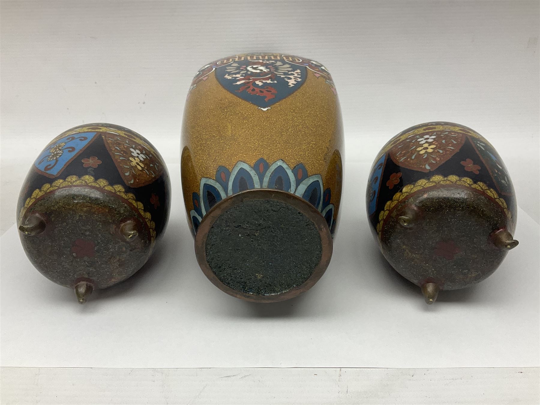 Pair of Japanese cloisonne Koro, decorated with colourful flower head motifs and raised on three feet, missing covers, together with a cloisonne vase, vase H30cm