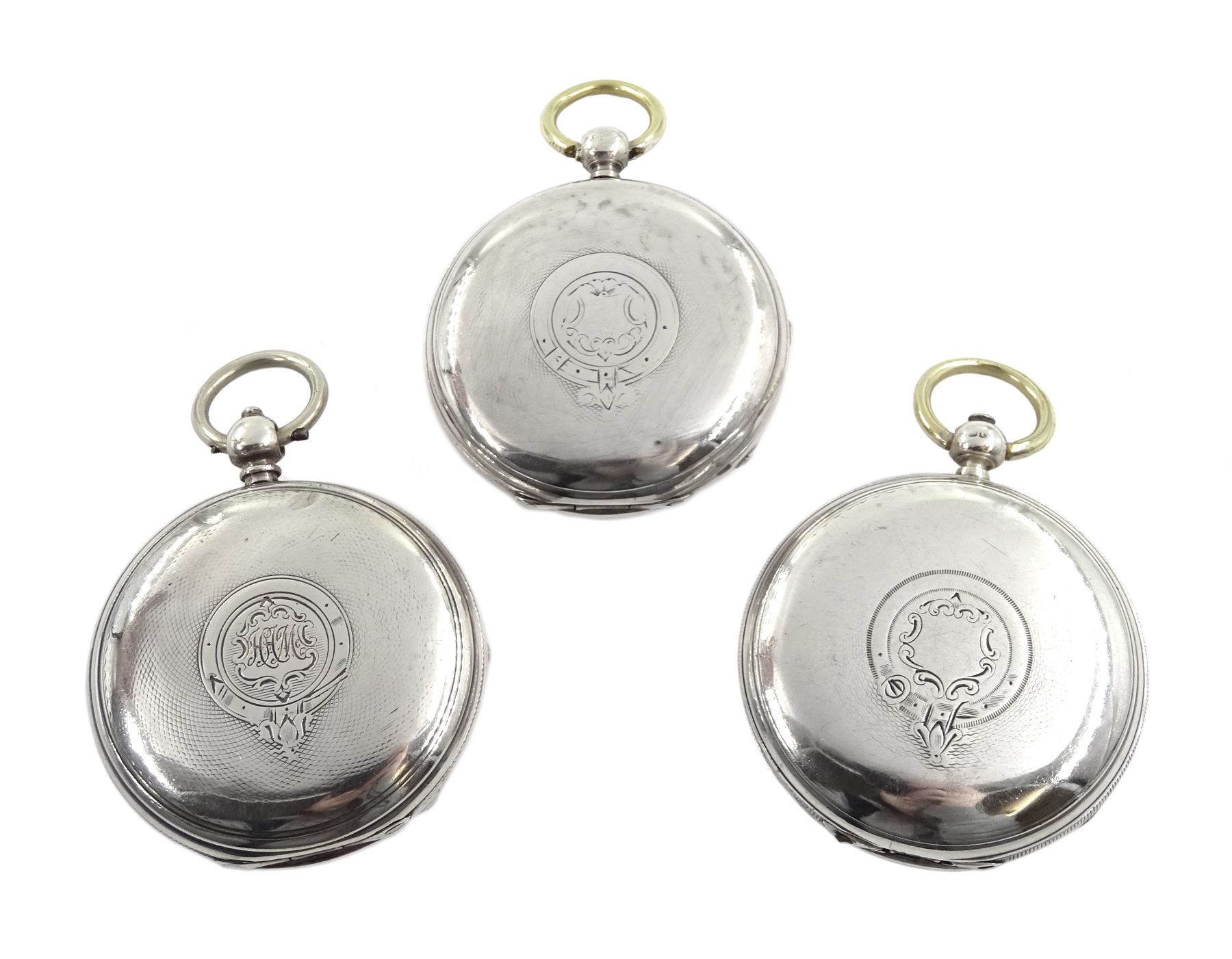 Two Victorian silver full hunter lever going barrel pocket watches by H. Samuel, Manchester and Stanton, Ampthill and one Victorian silver full hunter lever fusee by M.Klean & Co, London, all with white enamel dials and Roman numerals, hallmarked (3)