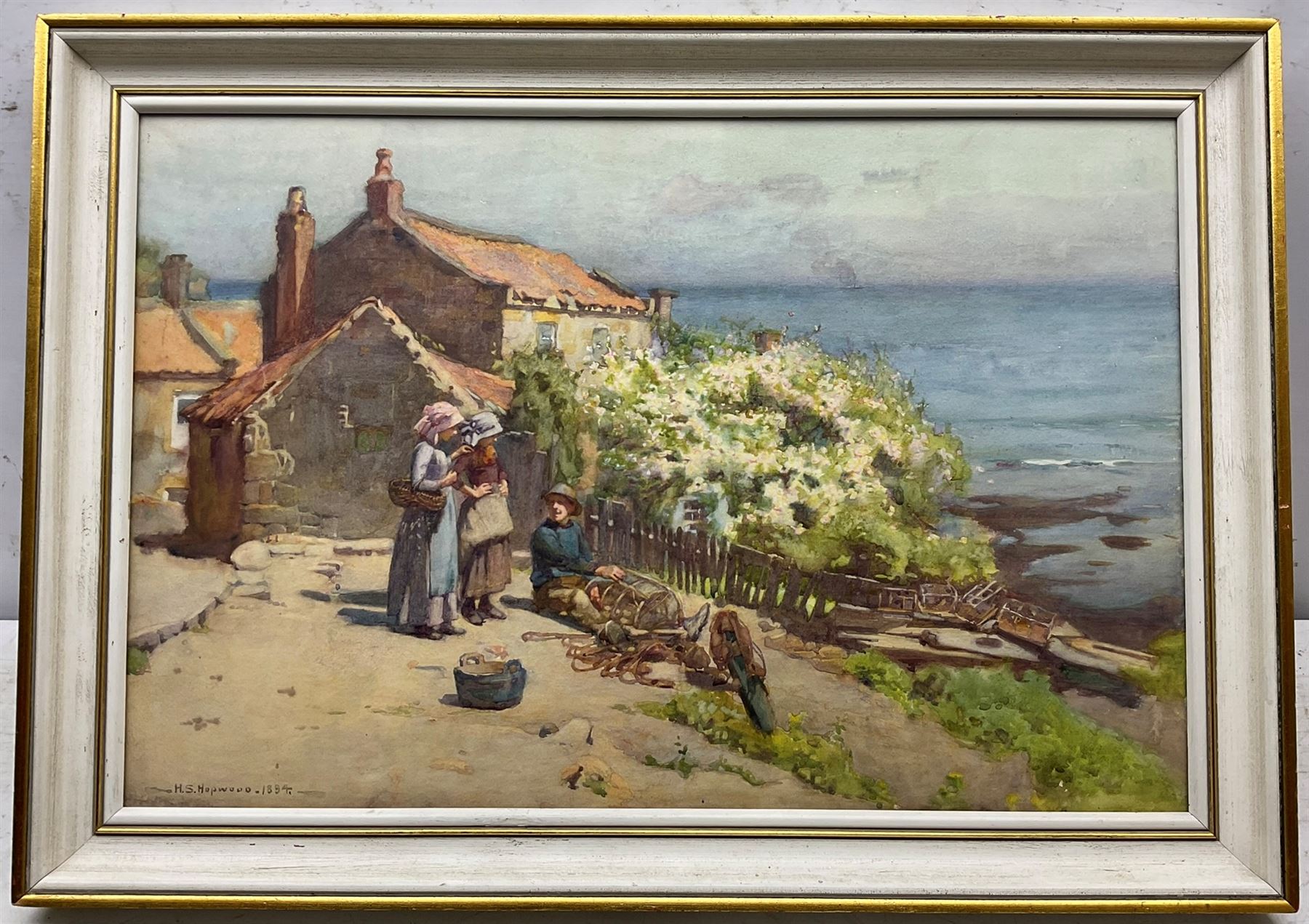 Henry Silkstone Hopwood (Staithes Group 1860-1914): Fisherman and Girls at Runswick Bay, watercolour signed and dated 1894, 40cm x 60cm