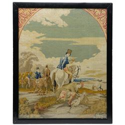 Victorian needlework depicting a hunting party, the central figure holding a hawk, 75cm x 60cm 