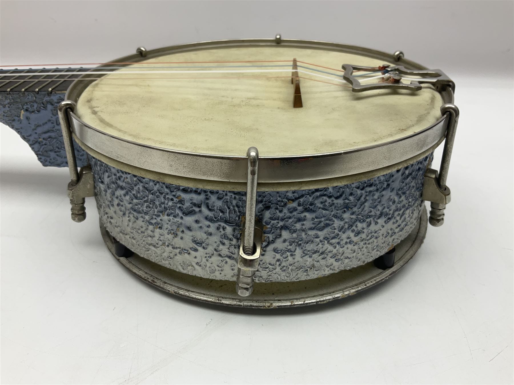 John Grey & Sons banjolele with unusual all over mottled blue and silver textured finish L57cm; in carrying case