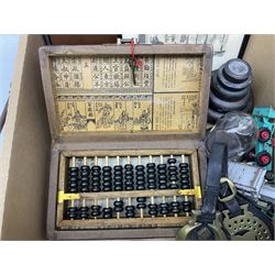 Cased gentlemen's travelling grooming set, Chinese abacus in box, die-cast model cars to include Corgi, wrought iron hanging lantern with glass shade converted to electricity etc
