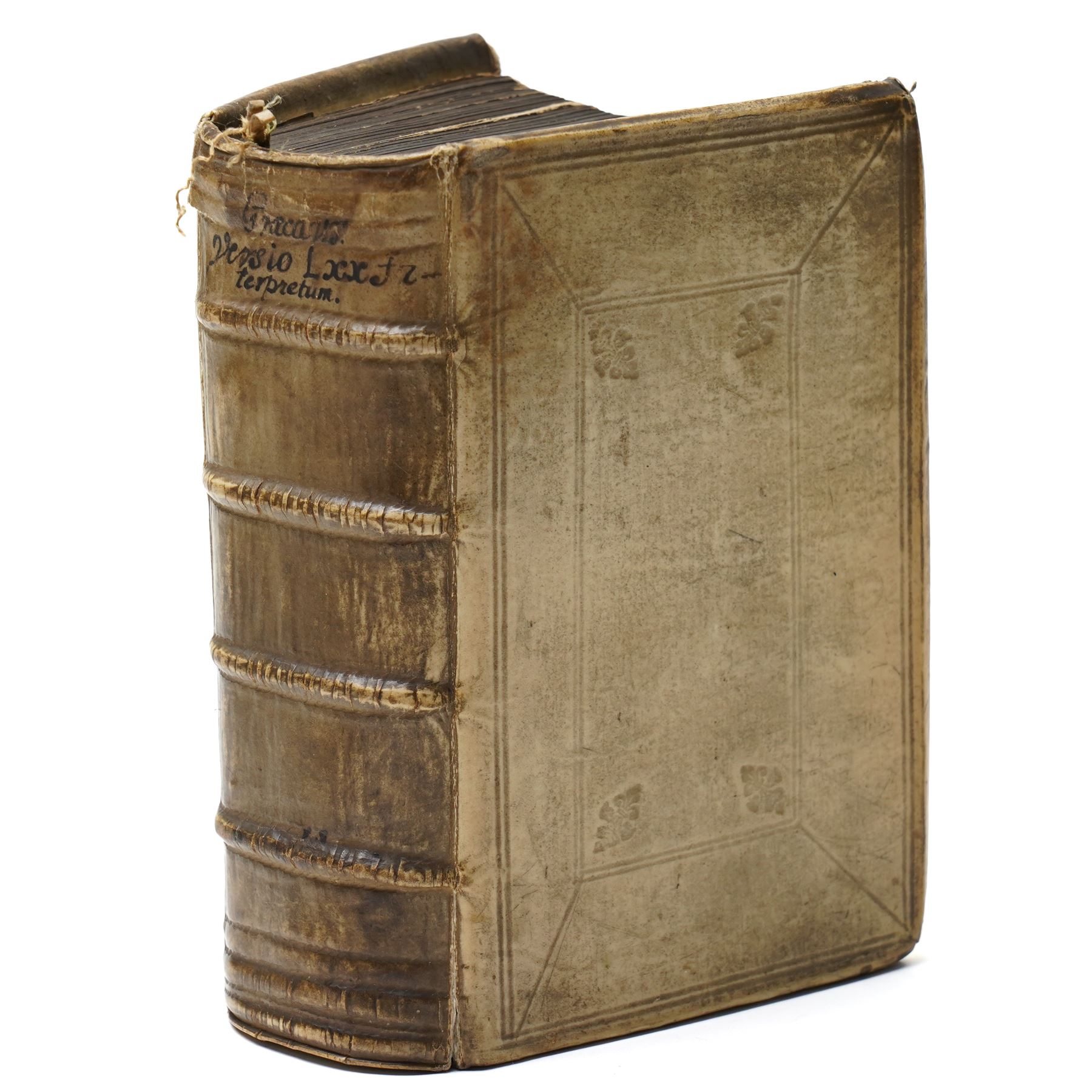 17th century Greek Old Testament - Vetvs Testamentvm Græcvm ex Versione Septuaginta Interpretum, juxta exemplar Vaticanum, Amsterdam, Ex Officinâ Viduæ Joannis à Someren, Henrici & Viduæ Theodori Boom, 1683, 8vo, Greek text throughout (Ἡ Παλαιὰ Διαθήκη κατὰ τοὺς Ἑβδομήκοντα), title printed in red and black with woodcut vignette, contemporary blind-panelled vellum, spine with raised bands