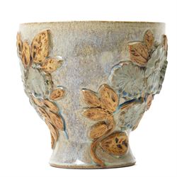 Bernard Rooke (b1938) - Stoneware vase decorated with a raised pattern of flower heads and leaves H18cm x D19cm with the paper label of The Mill Gallery, Swilland, Ipswich and inscribed 'B R'