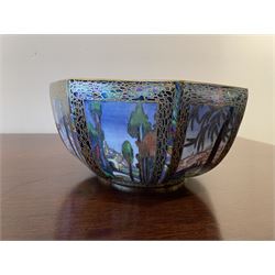 Early 20th century Wedgwood Fairland lustre bowl, circa 1920, of octagonal form, designed by Daisy Makeig-Jones, the exterior decorated in the Castle on the Road pattern, the interior decorated in the Fairy in a Cage pattern, pattern no Z5125, with printed marks beneath, H11cm D22.5cm
