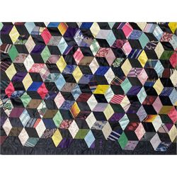 19th Century silk and satin tumbling blocks pattern patchwork quilt with black border 228cm X 196cm