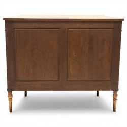 Sheraton Revival satinwood serpentine-front cabinet, the shaped cross-banded top with ebony stringing and painted scrolls of acanthi and ribbon work with a bell-flower border, the banded frieze painted with repeating acanthus scrolls, the matched veneer doors painted with oval panels of floral bouquets, raised on turned and tapering supports
