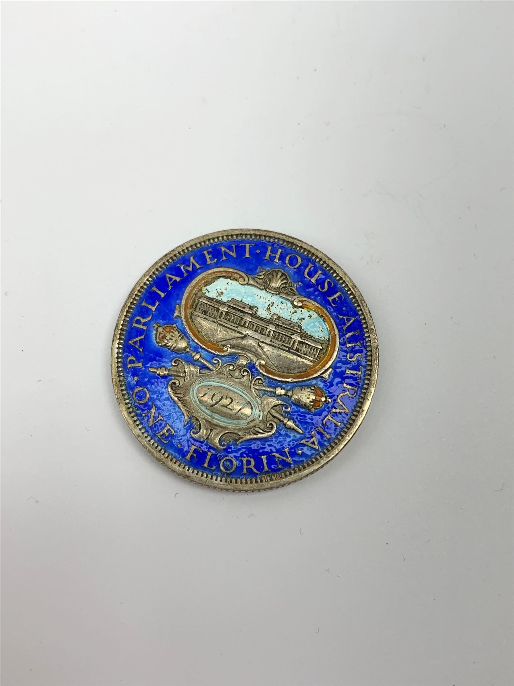 Coins including enamelled King George V 1927 Australia one florin, King George V Great British 1931 half crown, various pre-decimal pennies, 'Scarborough School Board' cased medallion etc 