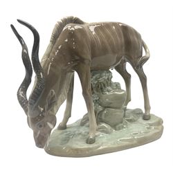 Lladro figure, Antelope Drinking, modelled as antelope in a naturalistic setting, sculpted by Vincente Martinez, with original box, no 5302, year issued 1985, year retired 1988, H18cm