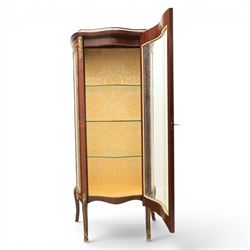 French Louis XV design display vitrine cabinet, Kingswood with gilt mounted detailing, damask fabric interior with three glass shelves, raised on cabriole supports