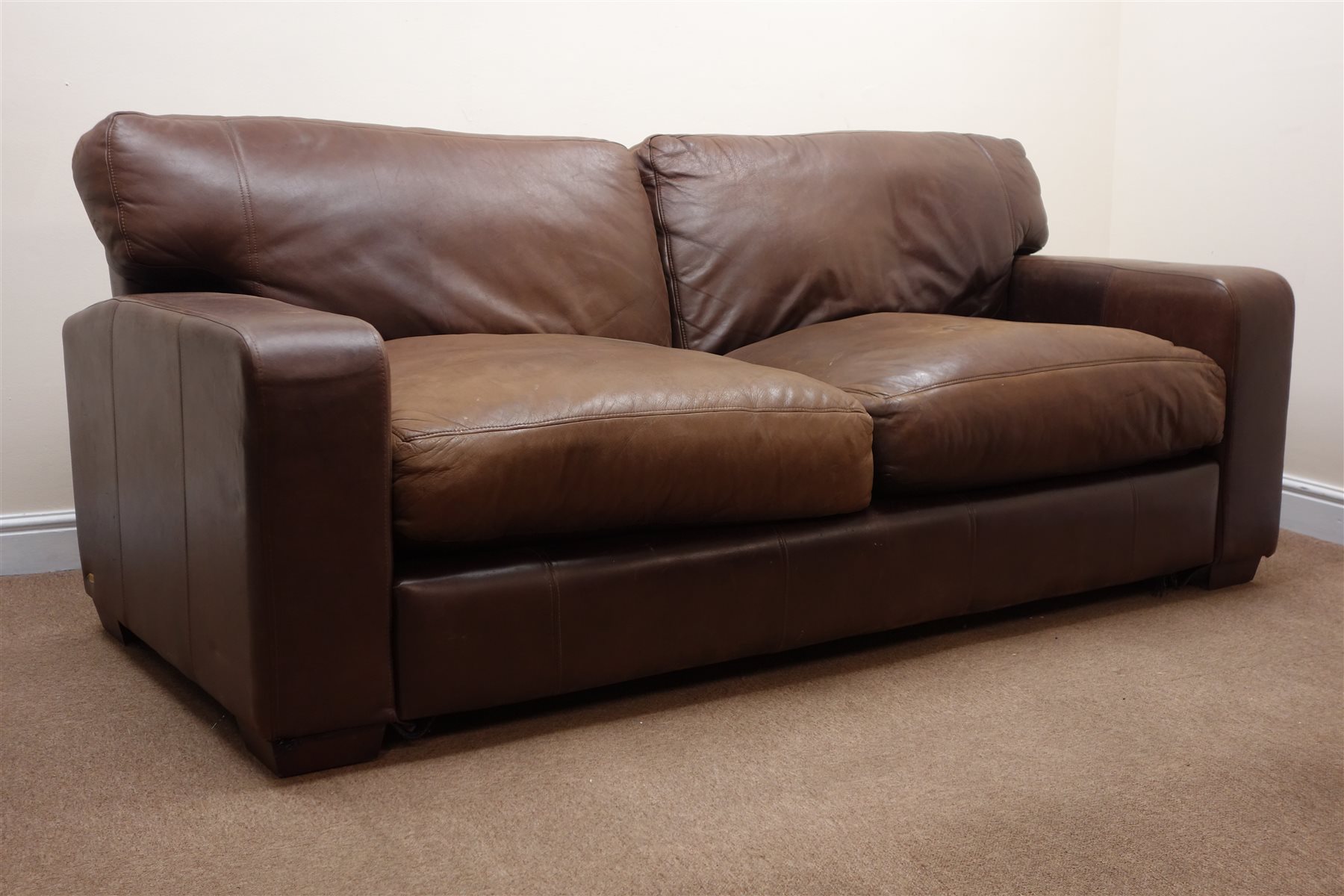 Pair two seat chocolate leather sofas, W200cm The Furnishings Sale