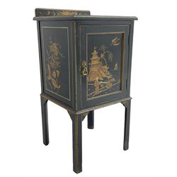 Early 20th century Chinoiserie lacquered lamp cabinet, raised gilt and painted decorated depicting foliate and traditional landscape scenes