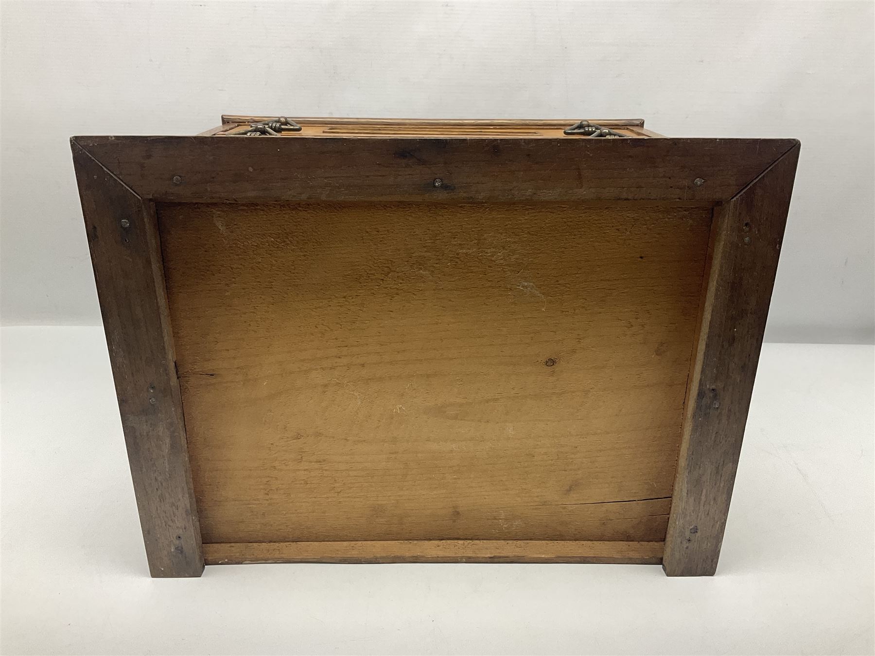 Victorian oak three drawer tabletop haberdashery chest advertising Morris Yeomans' Needles and Co, H27cm, L36cm