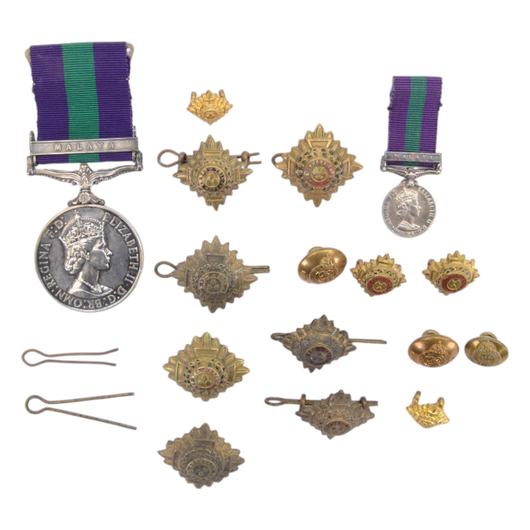 General Service Medal GSM 1918, with Malaya clasp awarded to 2/Lt. M. A. Peacock R.E, together with its miniature, pips and Royal Engineers cap  