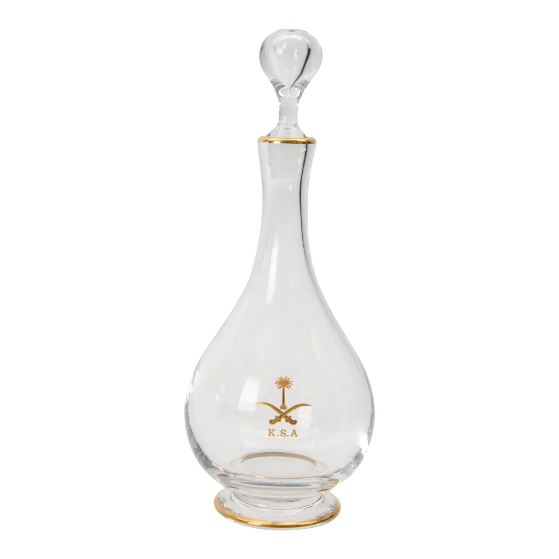 Baccarat decanter, six wine glass and six port glasses,  all with a gilt band to the rim and foot and motif for Kingdom of Saudi Arabia