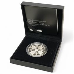 Four The Royal Mint United Kingdom silver proof five pound coins, comprising 2013 'The Christening Of HRH Prince George Of Cambridge', 2013 'The Royal Birth', 2014 'The First Birthday Of HRH Prince George Of Cambridge' and 2018 'Four Generations of Royalty', all cased with certificates