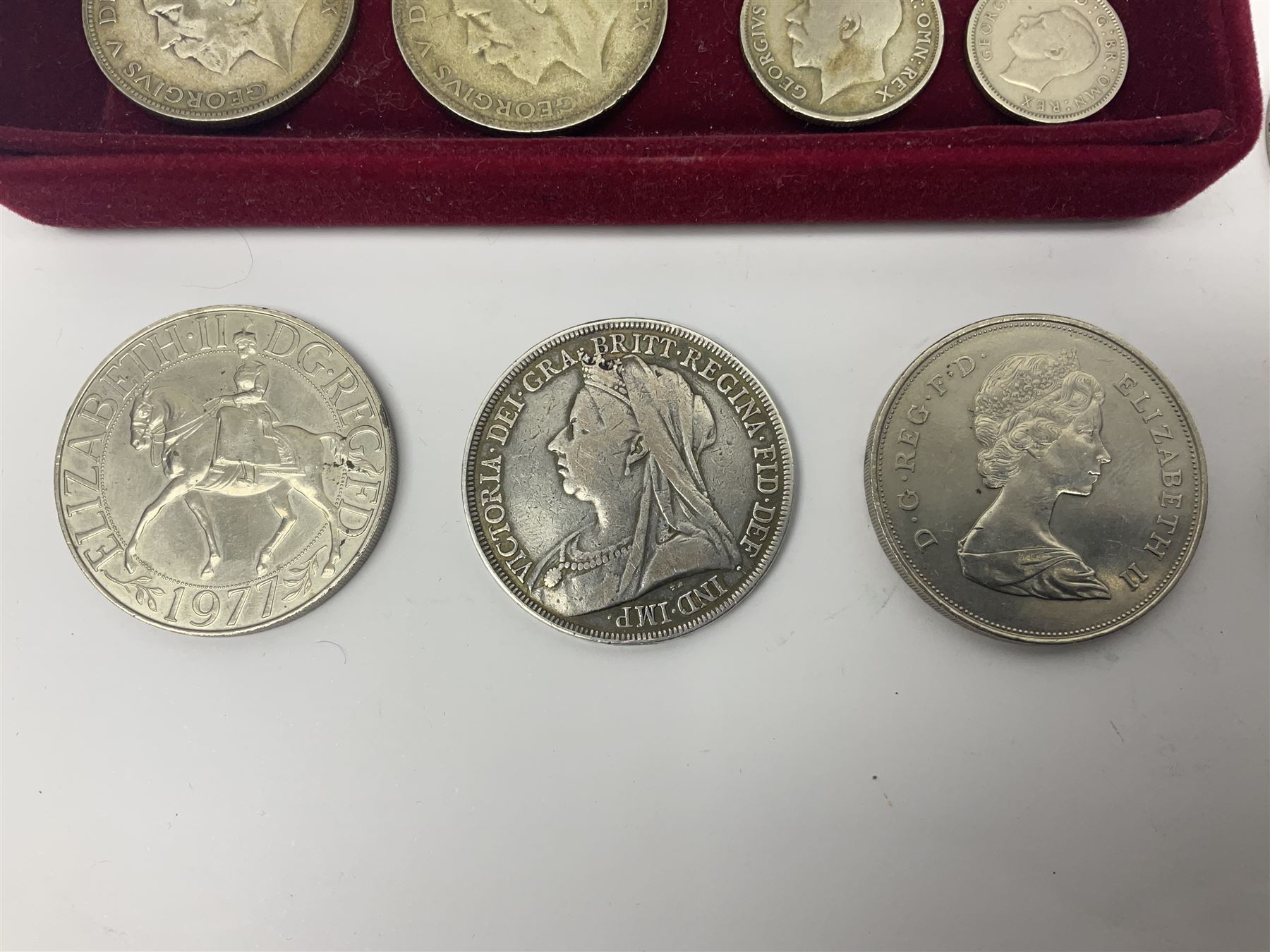 Queen Victoria 1895 silver crown coin, 1887 sixpence, King George V 1920 one shilling, 1921 florin, 1927 and 1931 halfcrowns, various pre 1920 and pre 1947 silver threepence pieces, commemorative crowns etc