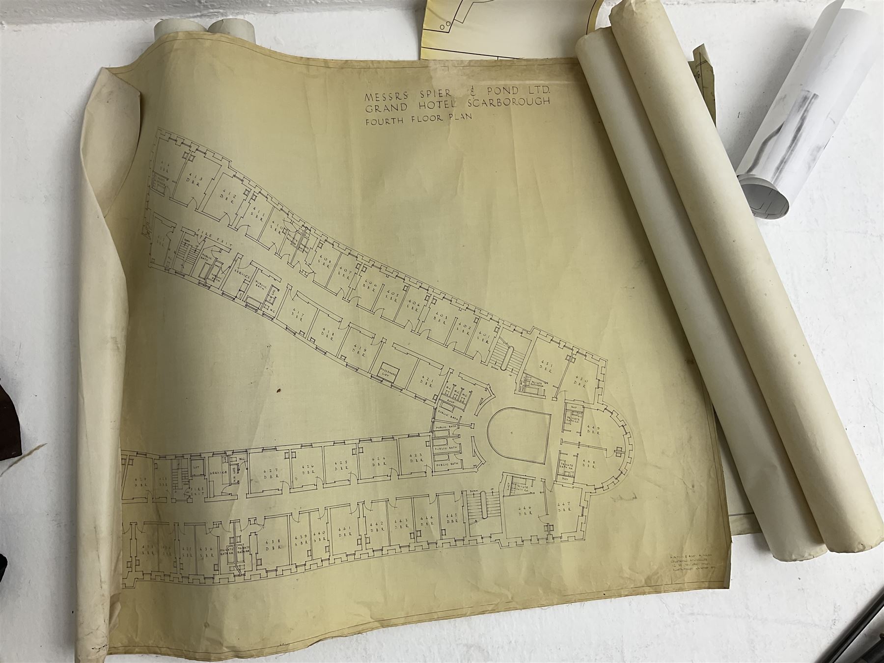 Collection of architectural plans and drawings related to The Grand Hotel, Scarborough, predominantly by Spiers and Pond Surveyors, London, dating from the 1920s to 1950s, to include Third Floor Plan New Bathrooms and Basins in Bedrooms on Landside 1929, Fourth Floor Plan by Alderson & Allen Chartered Architects 1952, 1940s amendments etc