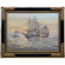 Michael J Whitehand (British 1941-): Naval Battle, oil on canvas signed 75cm x 100cm