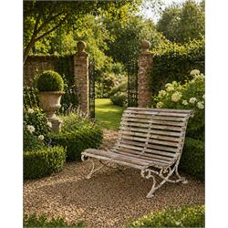 19th century cast iron and wood slatted garden bench, high scroll back form, low X shaped ...