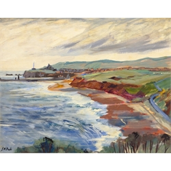 Joan M Pook (British 1927-2011): 'Whitby' from Lythe Bank, oil on board signed, title label verso 34cm x 43cm