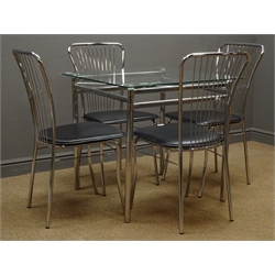  Chrome and glass top dining table (80cm x 80cm, H76cm), and four chairs with upholstered seats  