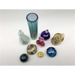 A group of glass, to include Isle of Wight examples, comprising Mtarfa iridescent glass vase, H12.5cm, five paperweights, including one modelled as a bird, and another as a mushroom, and three scent bottles. (9). 