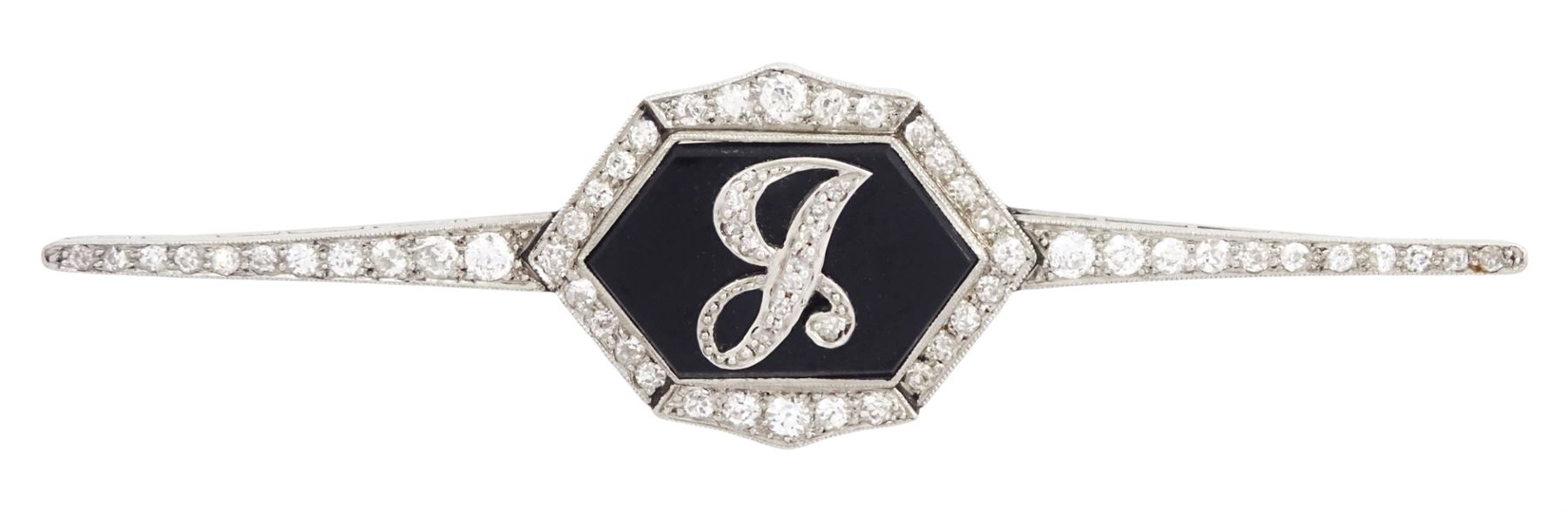 Early 20th century platinum black onyx and diamond initial brooch, single hexagon shaped black onyx with applied diamond set J, with a milgrain set, old cut diamond surround and bars, total diamond weight approx 0.95 carat
