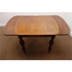  Early 20th century oak drawer leaf dining table, turned supports (152cm x 92cm, H78cm) and set six dining chairs (5+1) shaped shell carved cresting rails, upholstered back and seat, turned supports  