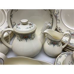 Royal Doulton Romance Collection Juliet pattern tea and dinner service for six, to include dinner plates, lidded tureen, teapot, teapots, saucers, jugs, sauce boat and stand, cake plate, coffee cans and saucers, soup bowls etc, including spares