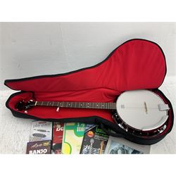 Rally five-string banjo with mahogany solid back L101cm in soft carrying case; and Brunswick Model BF200 acoustic guitar L103cm; with small quantity of instructional DVDs and booklets