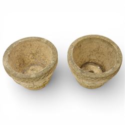 Cotswold Studios - set of two cast stone garden round planters with stylised floral and ropework borders (H 24cm, D 34cm)