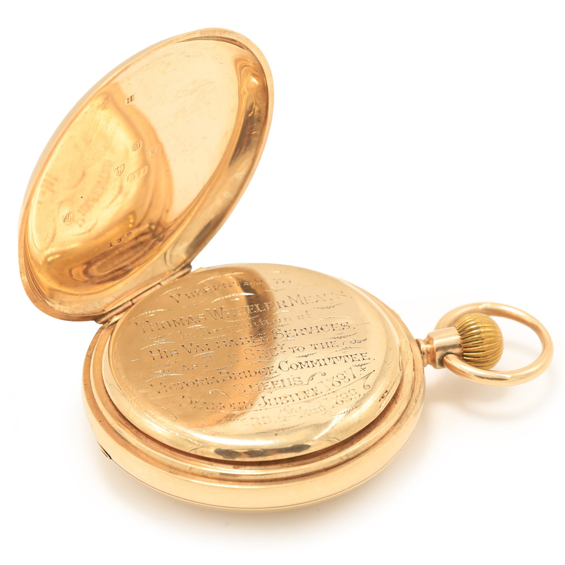 Victorian 9ct gold half hunter keyless lever presentation pocket watch by W. Margrett Hereford, No. 126629, white enamel dial with Roman numeral hour markers and subsidiary seconds dial, case by Rotherham & Sons, Birmingham 1897