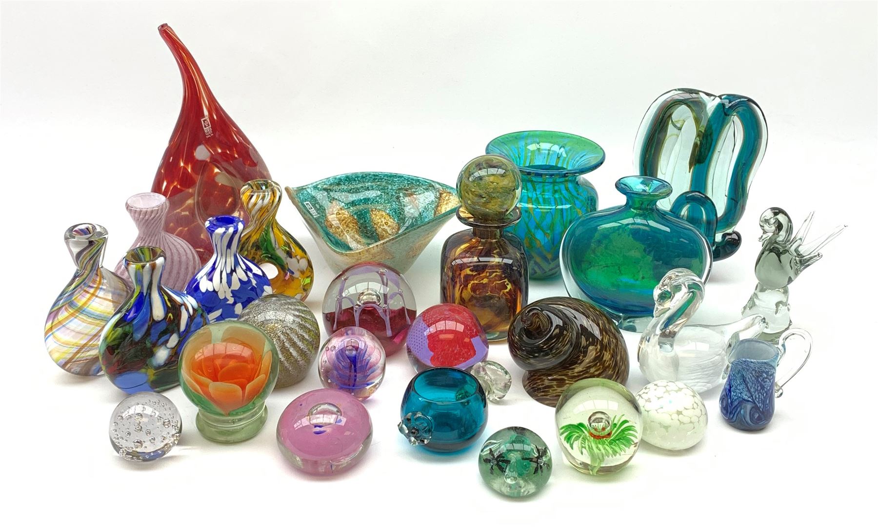 Mdina glass comprising a sculptural glass paperweight, bottle and stopper, vase of teardrop form, two vases and a dish, together with various paperweights including Caithness, vases etc 