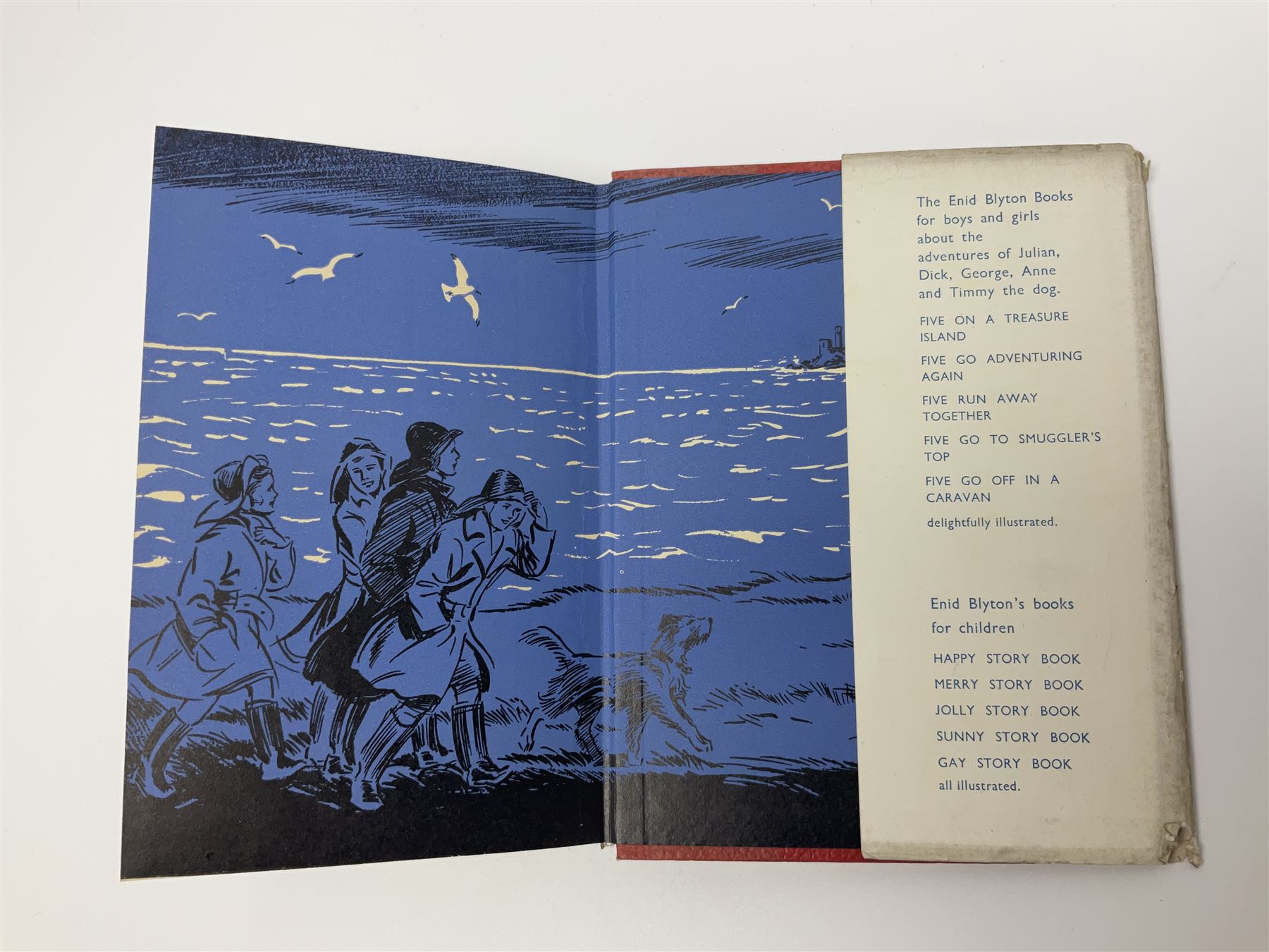 Blyton Enid: Five on Kirrin Island Again, first edition, Hodder & Stoughton, 1947, colour frontispiece, tinted plates and plain illustrations to text, pictorial endpapers, original red boards lettered in black in dust jacket (6/-, with telescope the wrong way round)
