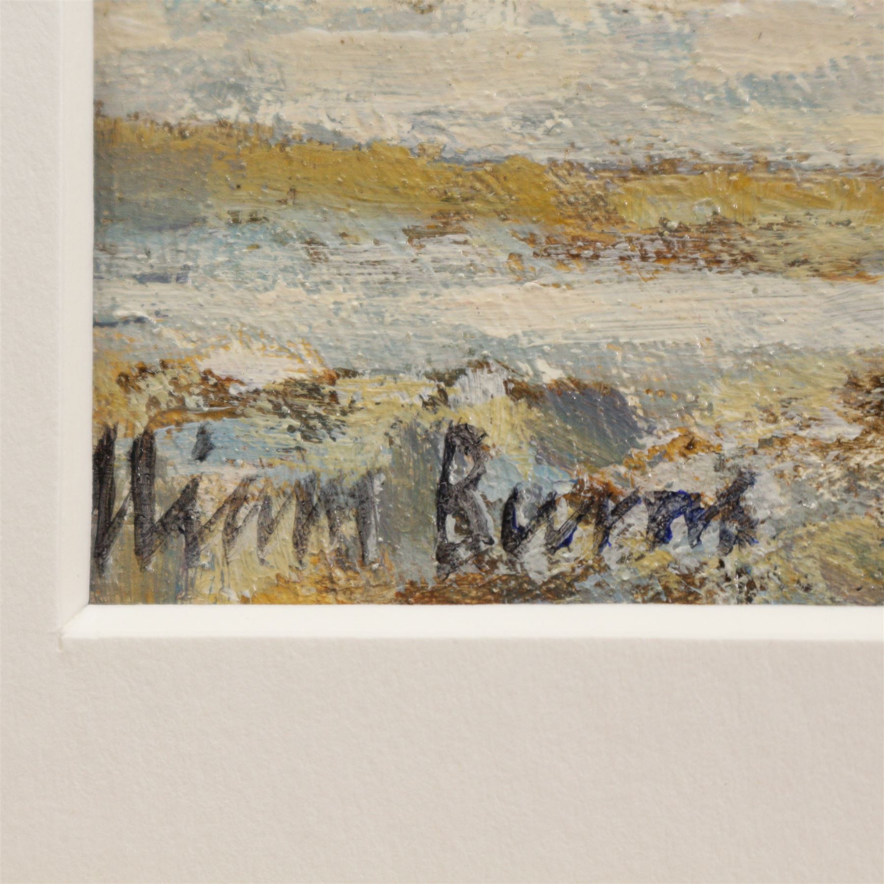 William Burns (Northern British 1923-2010): 'Snow at Roche Abbey - South Yorkshire', oil on board signed, titled verso 14cm x 19cm Provenance: Direct from the family of the artist.
Notes: Born in Sheffield in 1923, William Burns RIBA FSAI FRSA studied at the Sheffield College of Art before the outbreak of the Second World War, during which he helped illustrate the official War Diaries for the North Africa Campaign, and was elected a member of the Armed Forces Art Society. On his return, he studied architecture at Sheffield University and later ran his own successful practice, being a member of the Royal Institute of British Architects. However, painting had always been his self-confessed 'first love', and in the 1970s he gave up architecture to become a full-time artist, having his first one-man exhibition in 1979.