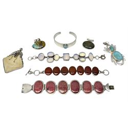 Silver stone set jewellery including turquoise spider pendant, carnelian rhodonite and opalite bracelets, larimar bangle and three pendants, all hallmarked 