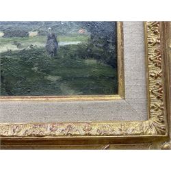 Stanislas Lépine (French 1835-1892): Figure by the Riverside, oil on canvas signed 19cm x 32cm