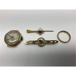9ct gold jewellery comprising wedding band and two stone set brooches, together with a 9ct cased wristwatch 