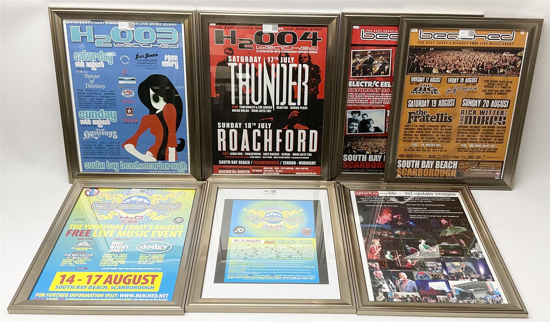 Scarborough Beached Festival - six consecutive framed posters from the years 2003-2008, and a further promotional poster from 2006, max 40cm x 30cm (7)