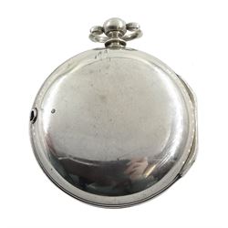 George III silver pair cased verge fusee pocket watch by David Crawford, Newcastle, No. 671, square baluster pillars, pierced and engraved balance cock, enamel polychrome dial depicting a figure fishing by a bridge, Roman hours and Arabic outer minute ring, beetle and poker hands, bull's eye glass, case markers mark D.P, London 1771