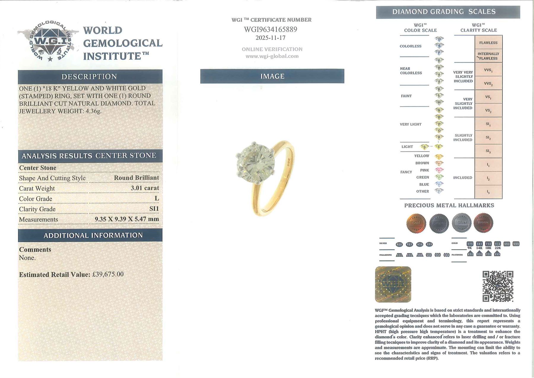 18ct gold diamond ring, six claw set with a single round brilliant cut diamond of 3.01 carat, with World Gemological Institute report